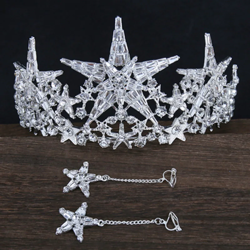 Star Crown Headpiece Bridal Tiara With Stars Baroque Headband Wedding Hair Accessories Hair Jewelry Crystal Tiaras and Crowns - Окраска металла: Silver Crown Earring