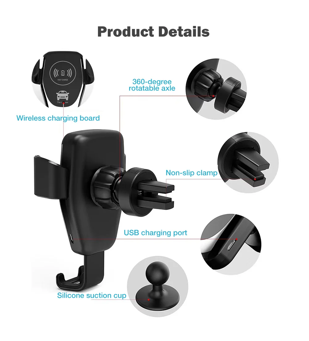 Gravity Sensor Car Phone Holder Wireless Charger 75% Charging Efficiency 3-side Strong Grip