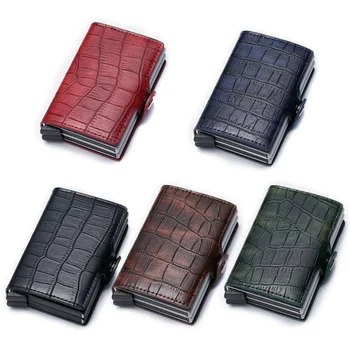 

1PC RIFD Anti-theft Automatic Ejection Card Holder PU Leather Crocodile Pattern Double Aluminum Alloy ID Credit Card Holder Case