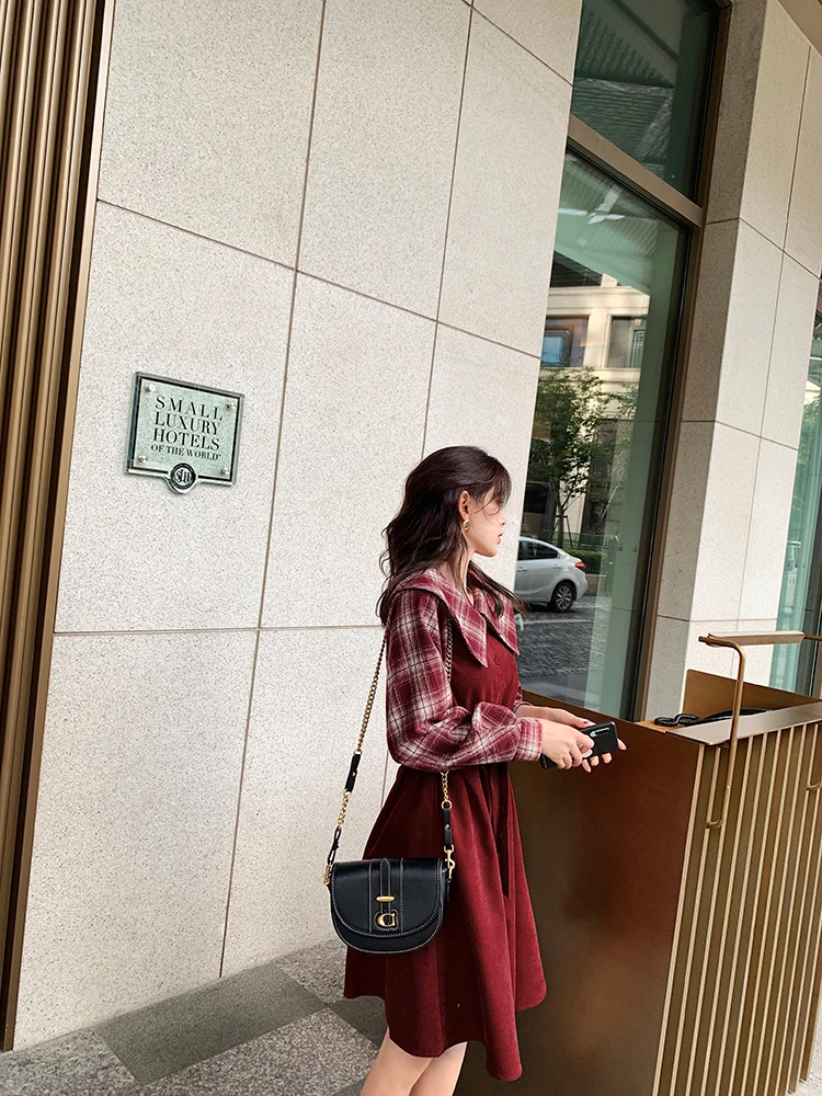 MISHOW Autumn Winter Dress Vintage Plaid Red Long Sleeve Waist Belt Female Mid-Long Dresses MX19D1968
