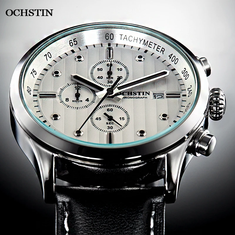 OCHSTIN Fashion Mens Sport Watches Silver White Top Brand Luxury Casual Chronograph Quartz Leather Wrist Watch 2020 New Clock