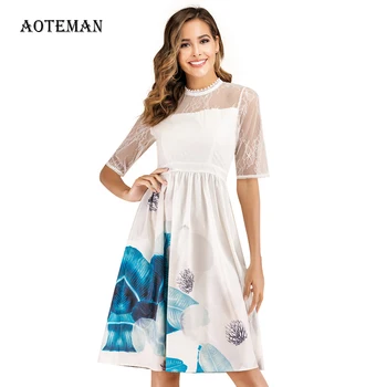 

Spring Summer Dress Women 2020 Luxury Elegant A Line Mesh Lace Print Party Dresses Female Casual Vintage Patchwork Short Dress