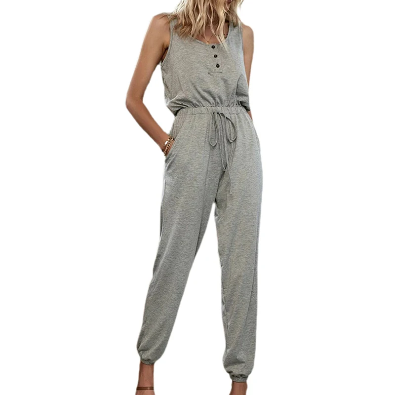 

Women Grey Off-Shoulder Sleeveless Jumpsuits Romper High Waist Trousers Elastic Loose Home Casual Jumpsuit