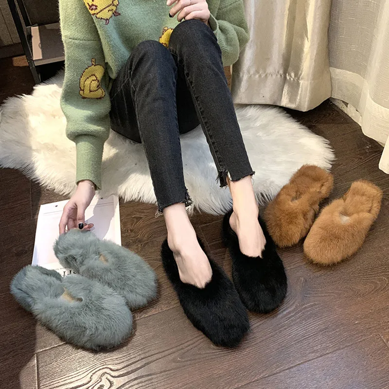 

Shoes Ladies' Slippers Square heel Cover Toe Low Flock Pokemon Plush Loafers 2019 New Women Slides Block Flat Soft Fur