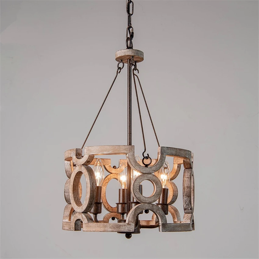 

American Retro Pendant Lamps Dining Room Wooden Art Round Villa Living Room Hanging Light Bedroom Study Hall Art Deco Lighting