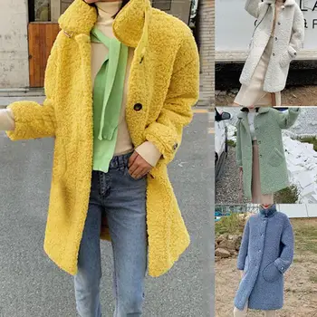 

Plush Lambskin Teddy Coat Women Winter Fluffy Plus Size Fashion Casual Warm Soft Solid Lapel Button Fake Fur Overcoat Fourrure