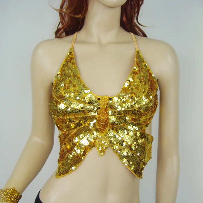 Shiny Sequins Butterfly Crop Top Rave Club Wear Outfits Halter Bra Top