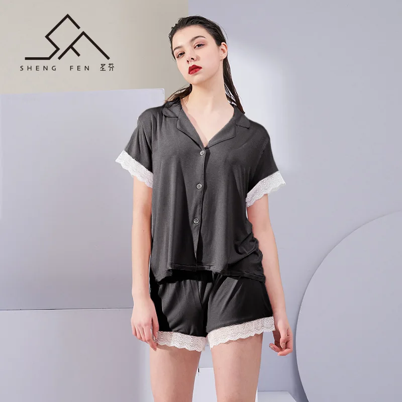 

2020 New Modal Short-Sleeved Women Pajamas Suit Summer Simple Lace European and American Viscose Shorts Pijama Satin Sleepwear
