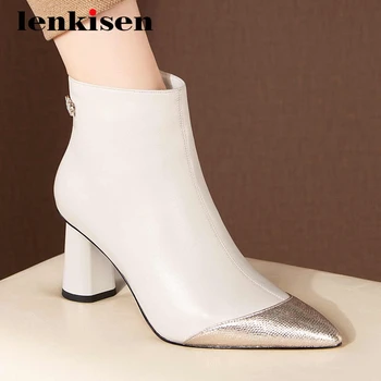 

Lenkisen fashion boots genuine leather mixed colors mature pointed toe thick high heel zipper elegant lady cozy ankle boots L5f1