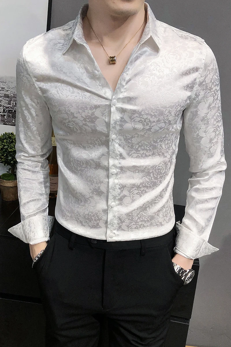 H&M Shirt met lange mouwen lichtgrijs-wit volledige print zakelijke stijl Mode Zakelijke overhemden Shirts met lange mouwen 