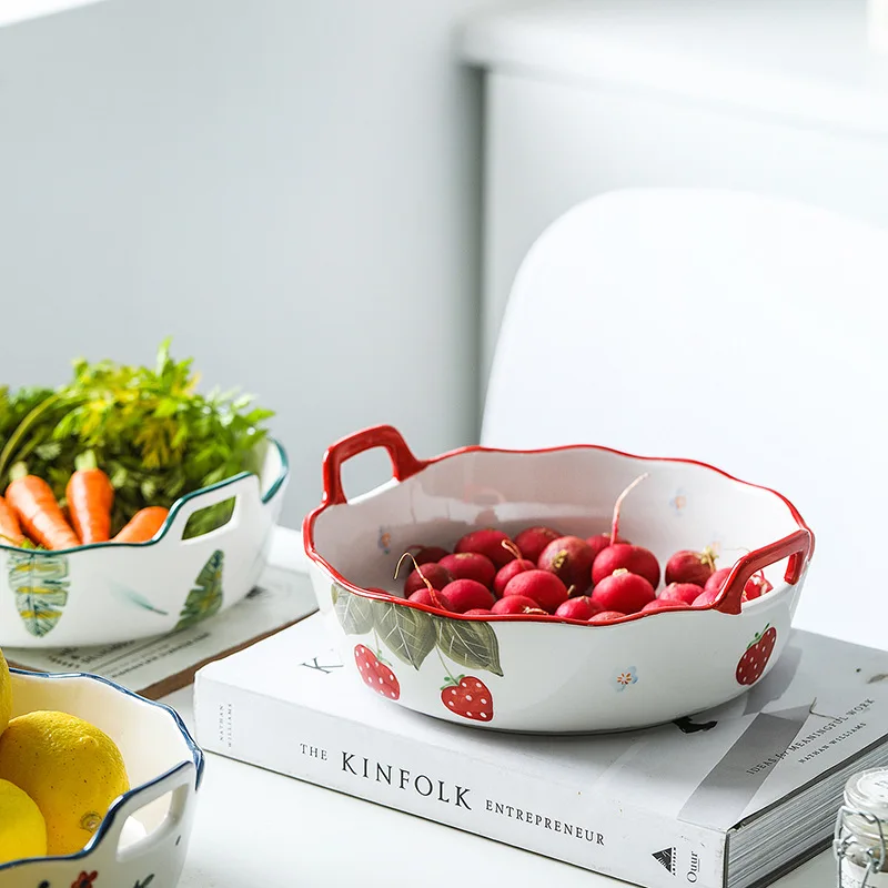 Nordic Kitchen Salad Bowl Baking Family Restaurant Fruit Plate Vegetable Hand Colored Two-eared