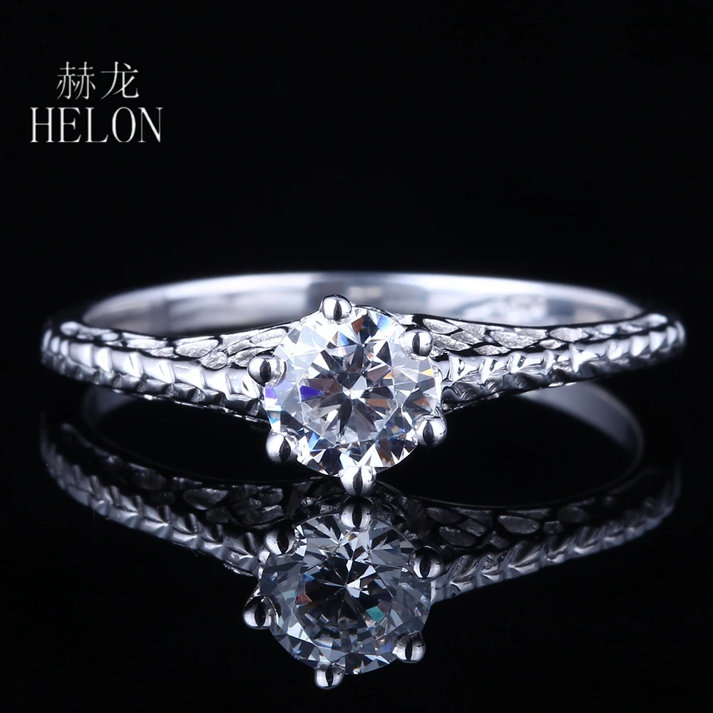 

HELON 5mm Round Sterling Silver 925 Genuine AAA Graded Cubic Zirconia Engagement Wedding Vintage Antique Fine Jewelry Ring