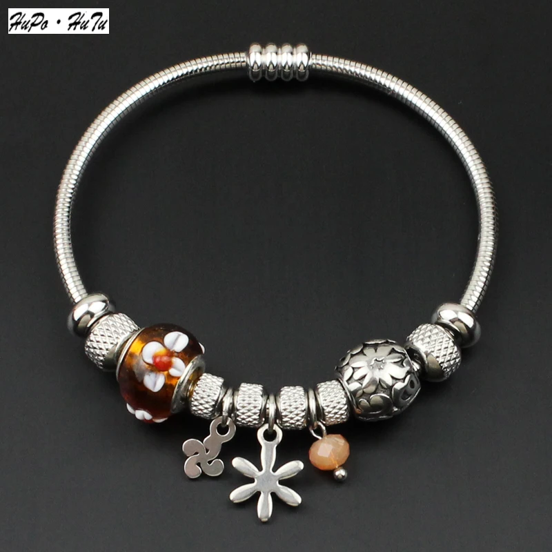 

Glass bead stereo pattern blackening fittings magnet button open spring chain snake chain stainless steel bracelet