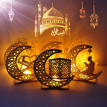 

Ramadan Wooden Eid Mubarak Decoration Moon Islam Mosque Muslim Plaque Pend Decorations for Home Moon LED Candles Light