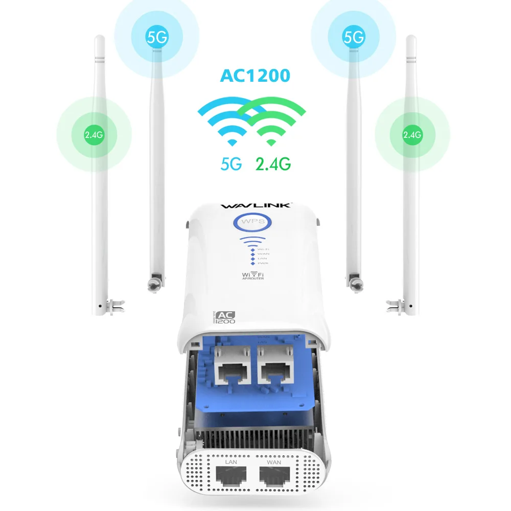 Wavlink Ac1200 Point d'accès sans fil extérieur avec couverture longue  portée 2.4 + 5g Répéteur Wifi double bande avec Poe, port Gigabit Ethernet