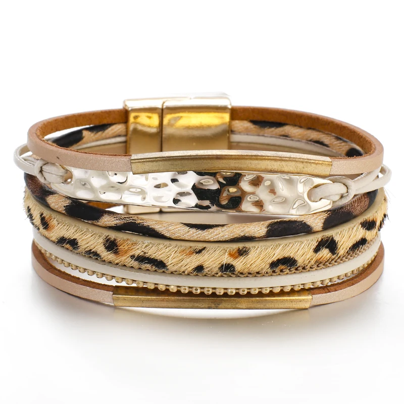 Amorcome леопардовые кожаные браслеты для женщин модные металлические браслеты элегантные многослойные широкий ювелирный браслет - Окраска металла: Yellow