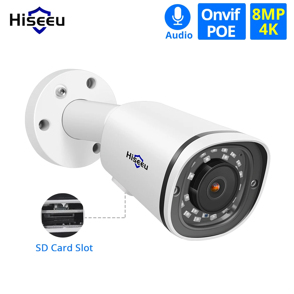 Hiseeu 4K 8MP POE ip-камера наружная Водонепроницаемая Аудио CCTV цилиндрическая камера SD карта детектор движения ONVIF для PoE NVR 48 В