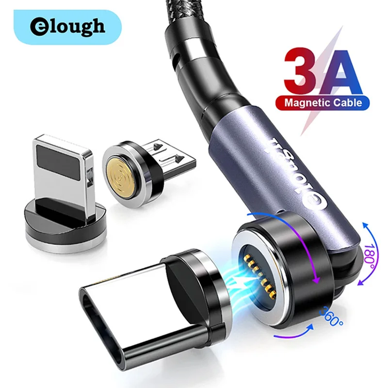 Elough 3A Fast Charging Magnetic Cable 540 Rotate Magnet Charger For iPhone Huawei Mobile Phone Micro USB Type C Data Wire Cord | Мобильные