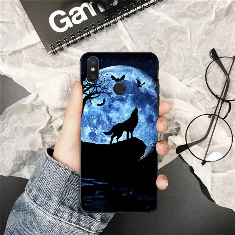 xiaomi leather case glass Yinuoda Moon roaring wolf TPU black Phone Case Cover Hull for Xiaomi Redmi 5plus 5A 6 6A 7 7A Note 7 8 8T 8Pro cases for xiaomi blue