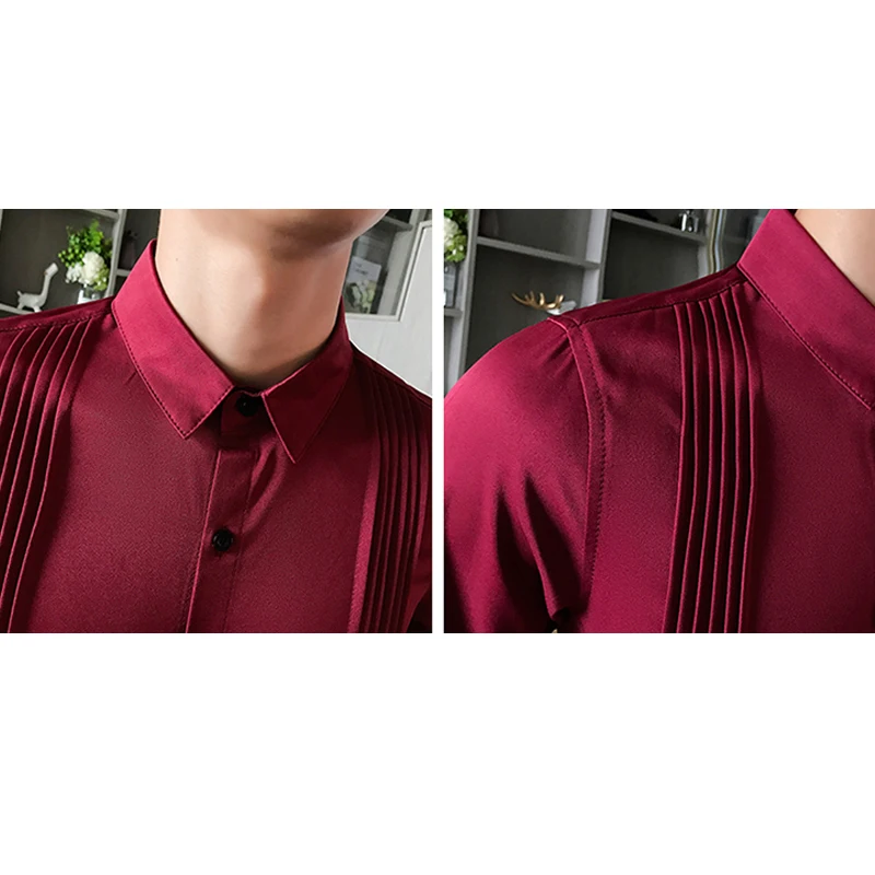 Tuxedo Shirts Men Women Luxury British Style Pleated Gentleman Wedding Men Dress Shirt Long-Sleeved Casual Shirt Clothing