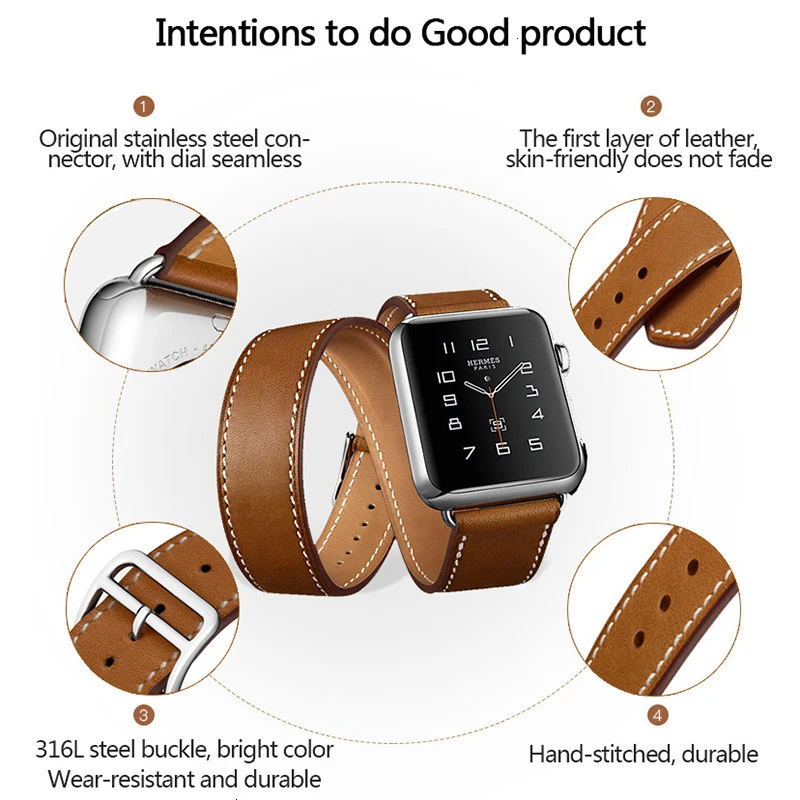 Кожаный двойной ремешок для Apple Watch 44 мм iwatch, браслет серии 5 4 3 2 1, Смарт 42 мм, петля 38 мм, замена 40 мм
