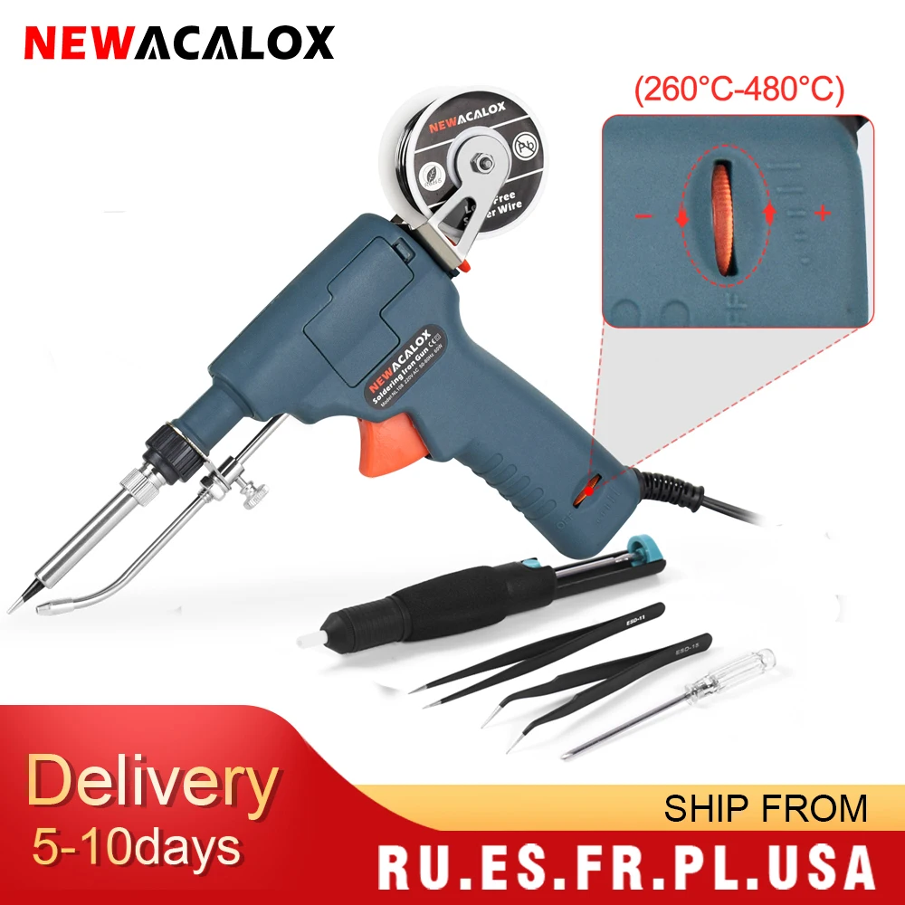 NEWACALOX-휴대용 납땜 전기 인두기, 110V/220V 60W, 미국/유럽형, 내부 가열 방식 전기인두기, 땜납 자동 공급, 주석 건 용접 수리 도구