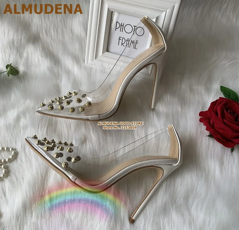 ALMUDENA/золотистые туфли-лодочки с заклепками из пвх; свадебные туфли с острым носком и шипами в стиле пэчворк; модельные туфли-лодочки золотого, серебряного цвета на каблуке 12 см и 10 см - Цвет: 12cm white as pic