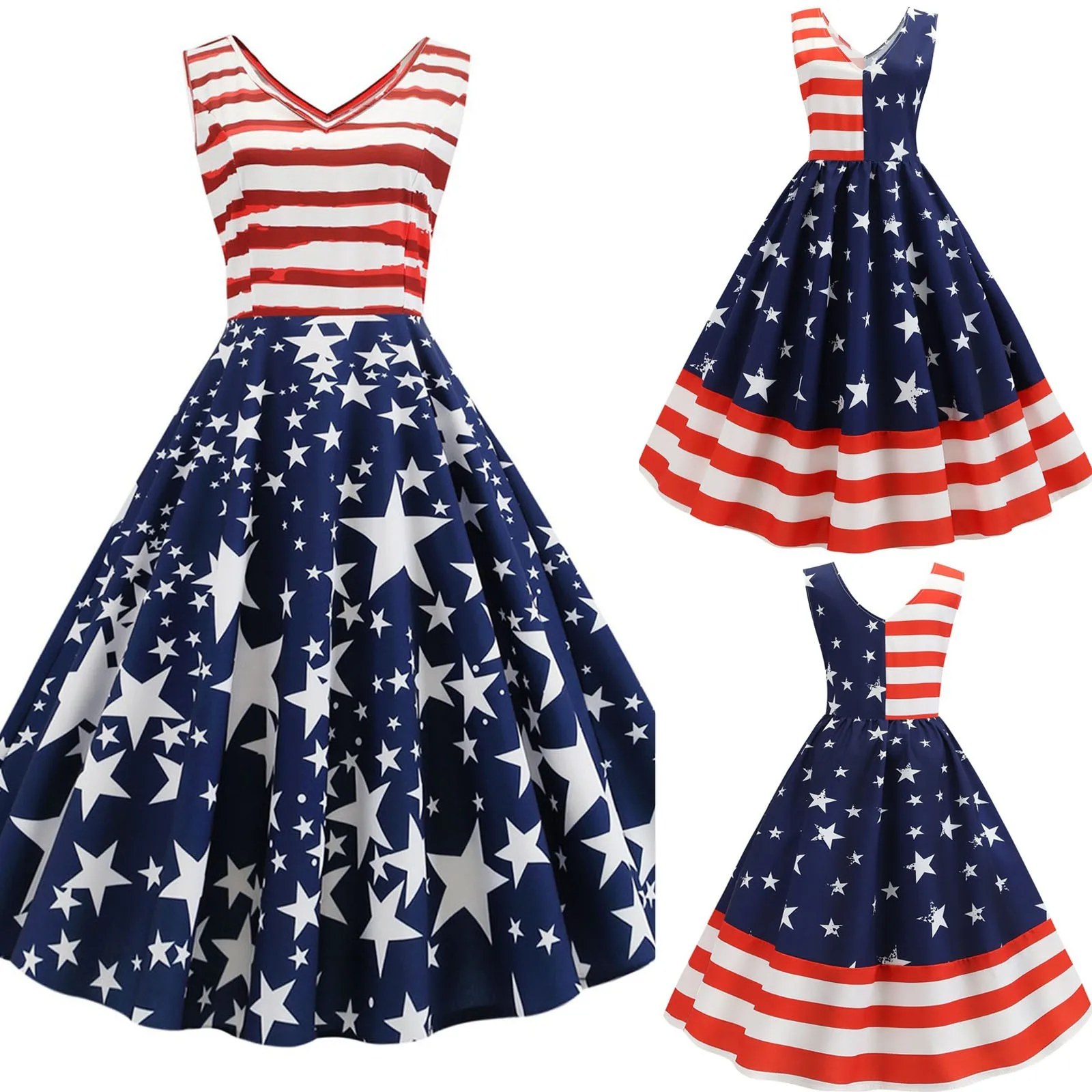 Women's Short Sleeve Independence Day Black Ribbon Waist Gathering Big Hem Dress Printed Casual Plus Size knee length Vestido 1