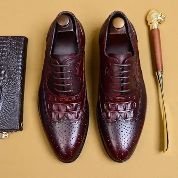 

Men's Crocodile Dress Leather Shoes Lace-Up Wedding Party Shoes Point Toe Mens Business Office Oxfords Soical Shoes for Men A145