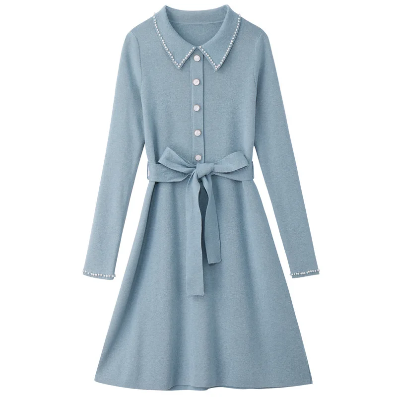 Spring and Autumn New European and American Women's Fashion Waist Temperament A-line dress Lapel Beaded Long Sleeve Dress 19081