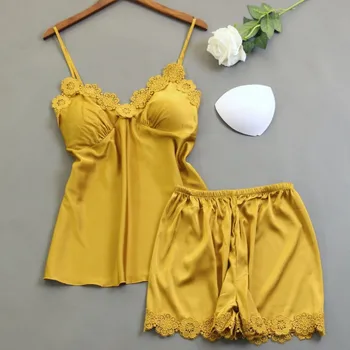 

Female Sexy Strap Top&Shorts 2PCS Pajamas Set Satin Flower Homewear Nightwear Lace Patchwork Intimate Lingerie Pijamas Sleepwear