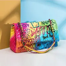 Женская сумка, новинка, цветная с принтом граффити, большие сумки на плечо, модные большие дорожные сумки, женские брендовые роскошные сумки на цепочке, A41-26