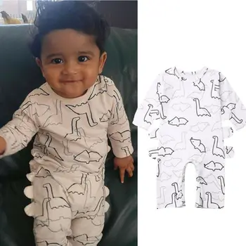 

0-24 Months Newborn Clothes 2019 Autumn Baby Girls Boys Jumpsuits White Dinosaur Print Long Sleeve Rompers Baby Girls Clothes
