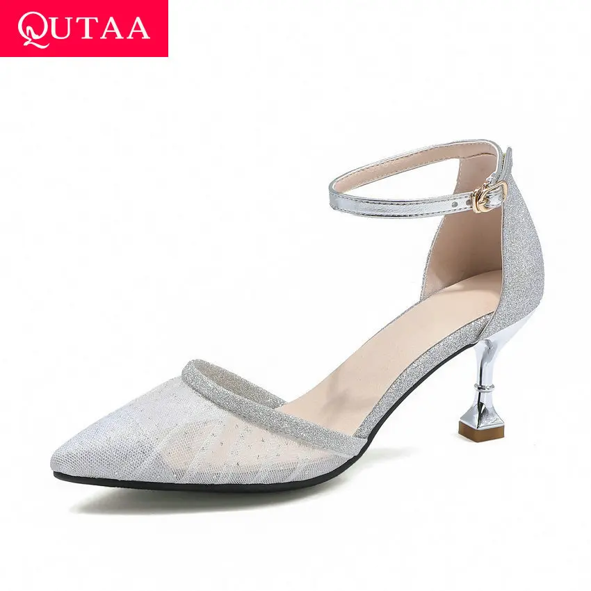 QUTAA/модные женские туфли лодочки из искусственной кожи с пряжкой и сеточкой