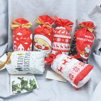 

New 50PCS Christmas Gift Candy Bags Cookies Bag Merry Christmas Party Favor Plastic Bag Package Pocket Ribbon Package