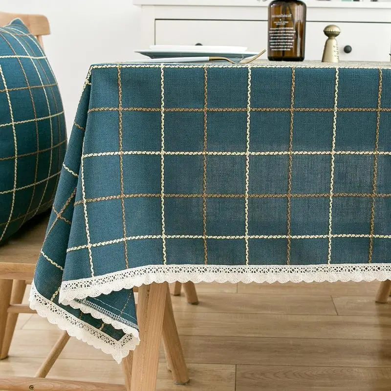 Tablecloth Rectangular 135cm Linen Blue Plaid with Lace Table Cover