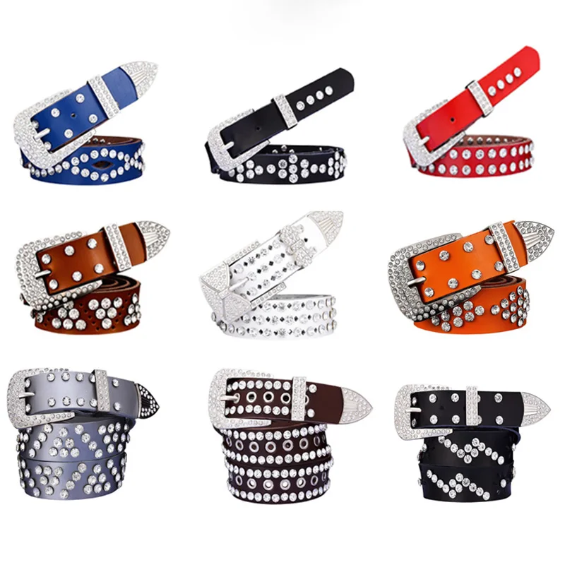 48 Style Fashion Women Genuine Leather Belts Punk Luxury Brand Rhinestone Two Layer Cowhide Waist Accessories Jeans Waistband