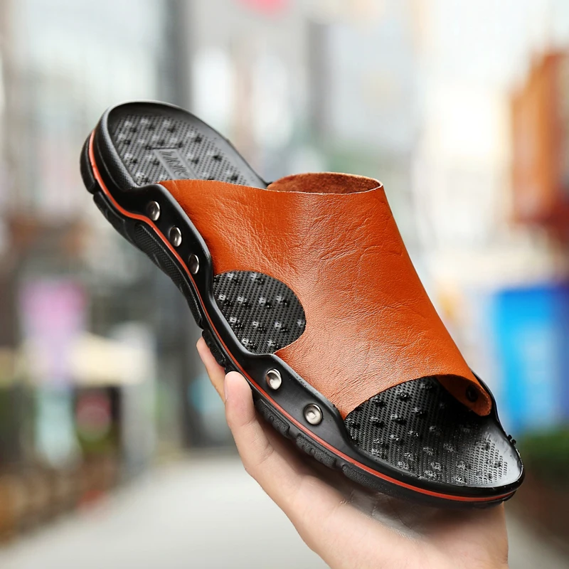 Summer Mens Slippers Genuine Leather Slippers Sandals Luxury Classic Leather Original Mens Flip Flops Outdoor Mens Slippers