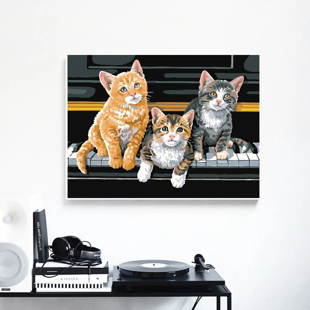 HUACAN Pictures By Numbers Cat Animals Kits Oil Painting Piano Drawing Canvas HandPainted DIY Home Decoration Gift