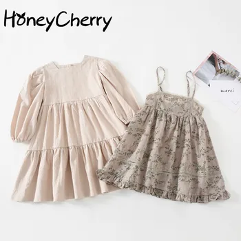 

Autumn New Korean Children's Clothing Girls' Solid Color Expandable Cotton and Linen Dress + Floral Dungaree Dress
