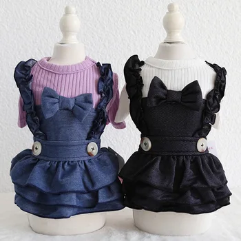 

Winter Dogs Clothes Pets Dog Clothes with Belt and Button Decor Denim Skirt Pet Dress with Small Bow Decoration Denim Dog Dress