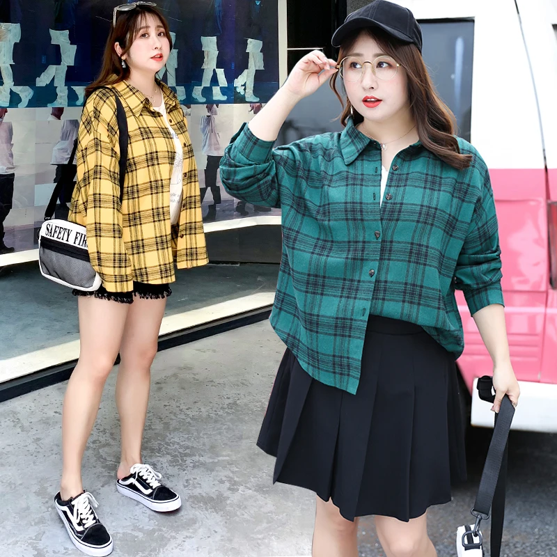 

Korean Style Fashion Casual Loose Plaid Full Sleeve Plus Size XL-4XL Women Blouses 2019 Autumn New Top Selling Lady Shirts
