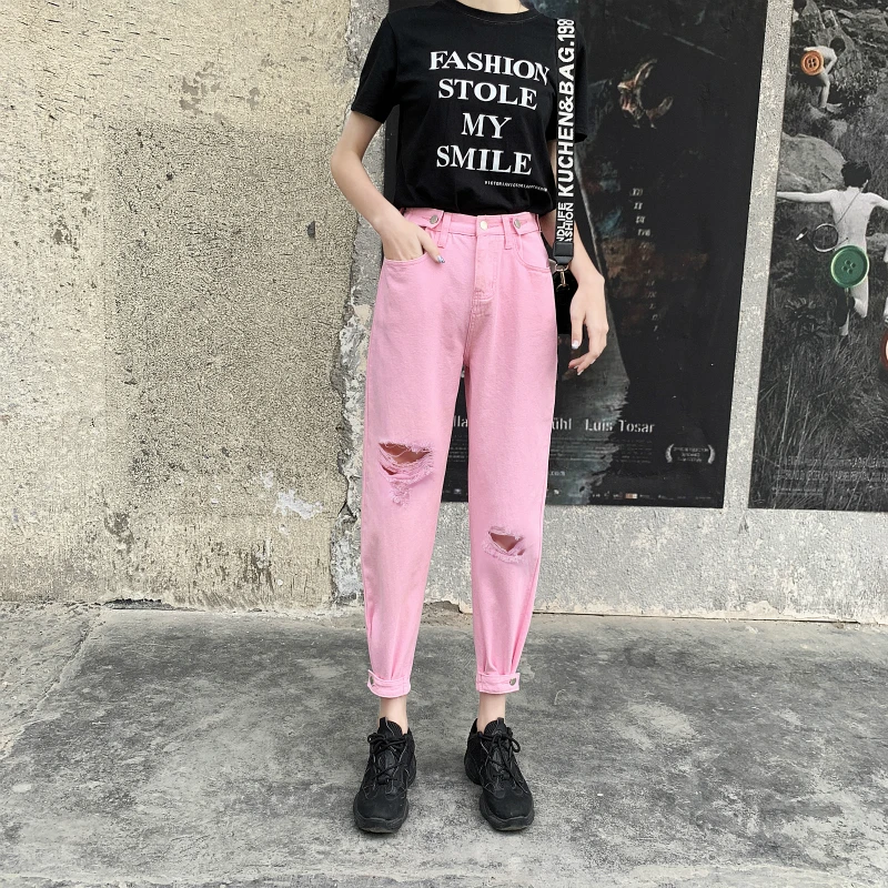 

GUUZYUVIZ Pink Ripped Jeans For Women Loose Summer 2020 Korean Denim Harem Pants Ladies Jeans Trousers Plus Size High Waist