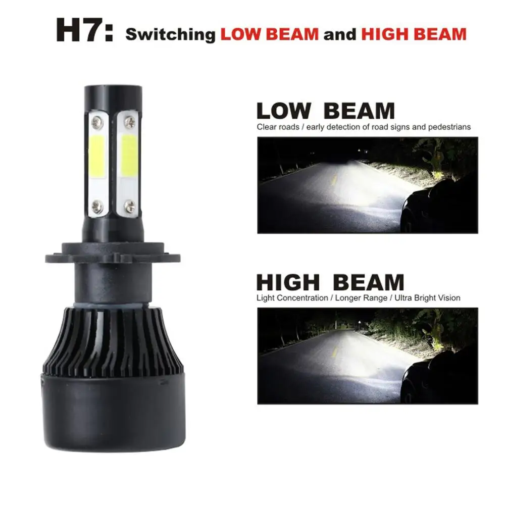 2Pcs Auto Car H4 H7 LED Headlights 6500K 12000LM 12V H1 H11 COB Bulbs Hi Lo beam 2 / 4 Diodes Automobiles Near Far Light