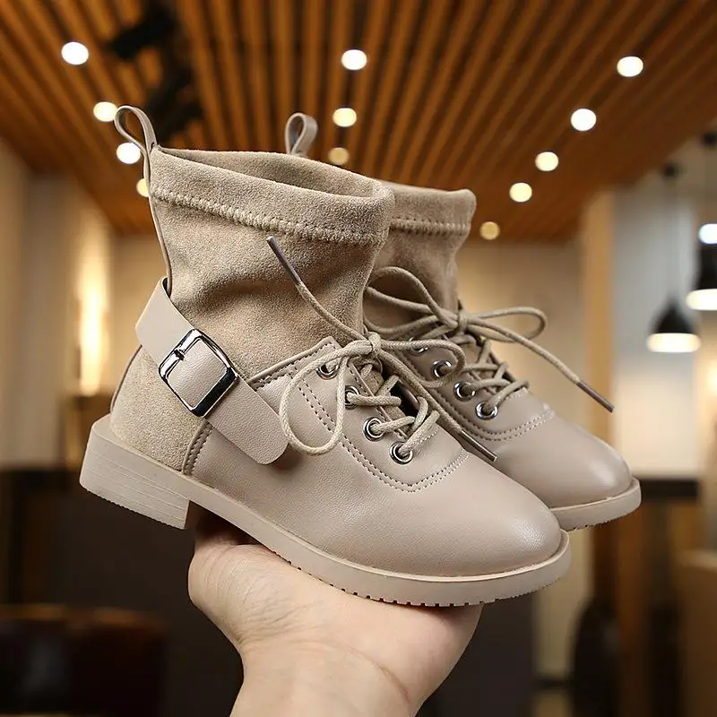 Autumn Girls Boots Kids Winter Shoes Boys Ankle Martin Boot Leather Fashion Waterproof Outdoor Cotton Warm Children Western Boot - Цвет: Khaki