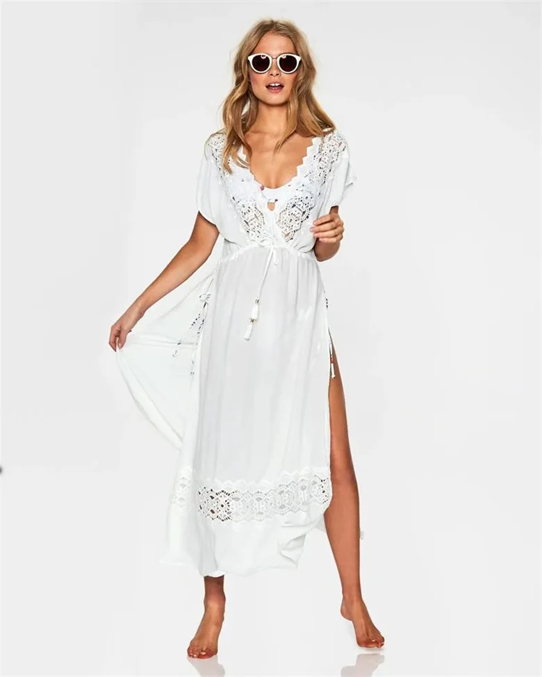 

Drawstring Beach Dress Women Beach Wear Cover-ups White Cotton Tunic Bikini Cover Up Swimsuit Summer Dress Sarong Plage Pareo