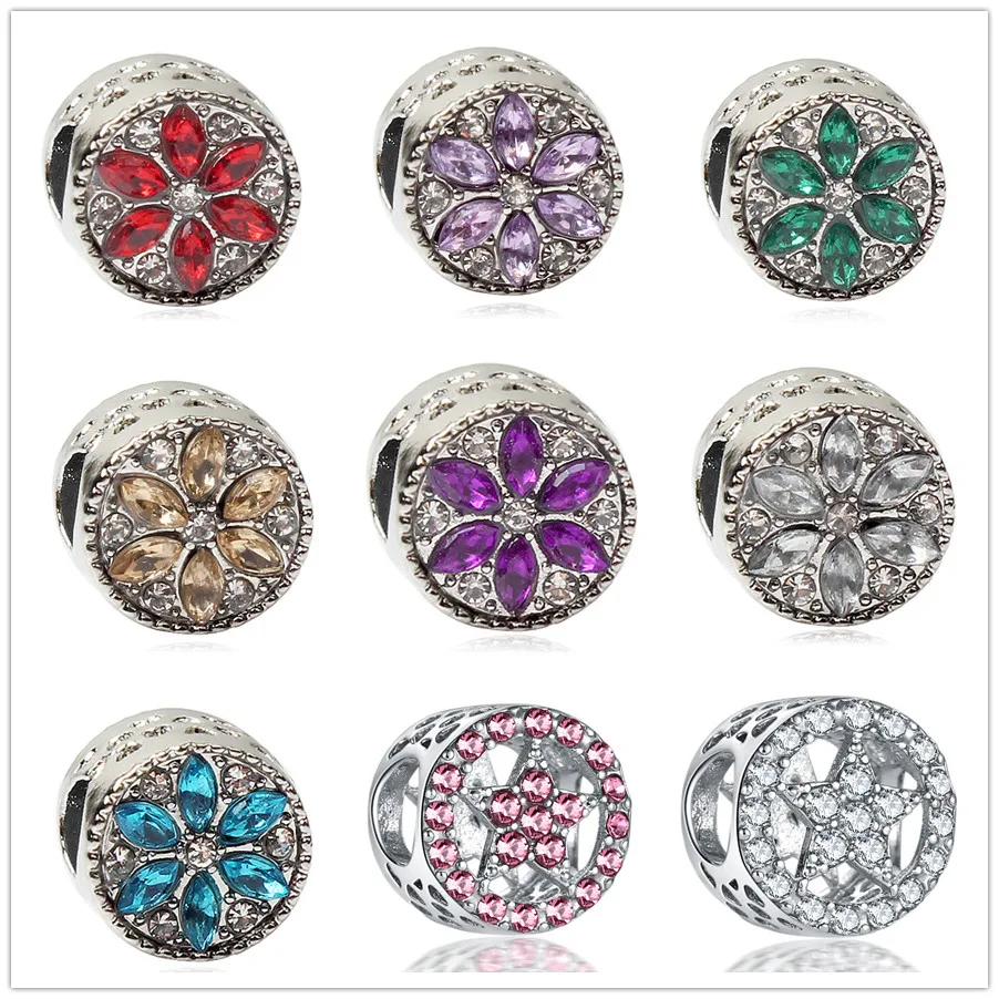

Neastamor alloy Piated Crystal colorful Folwer Shining Five-Point-Star Fit Pandora Bracelet Pandent Beads For women Jewelry