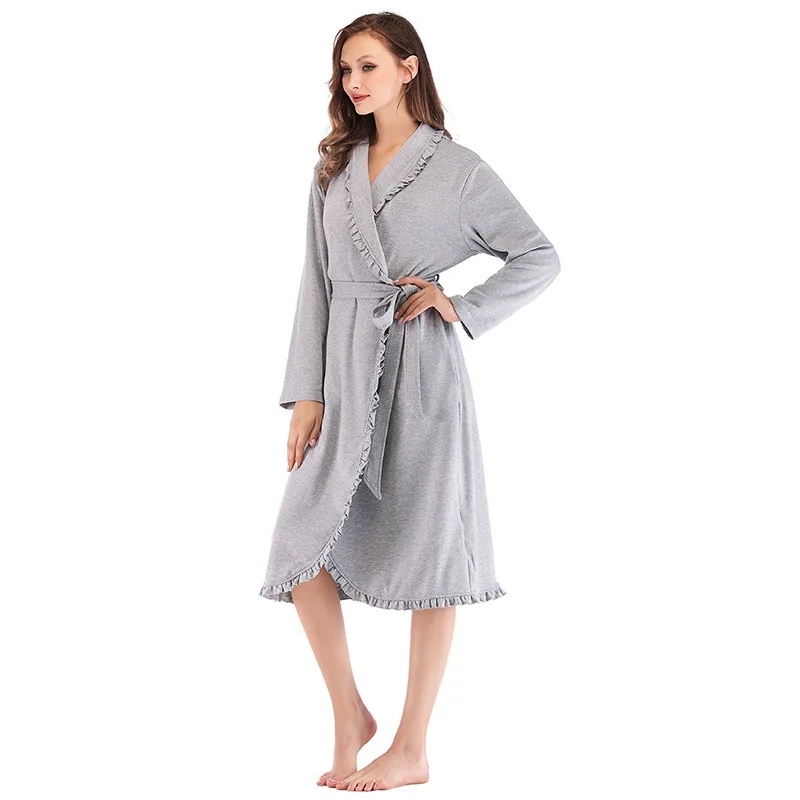 Design Women Sleepwear Elegant Kimono Robe Ladies Winter Autumn Casual Bathrobe Loose Ruffle Soild Bathroom Spa Robes For Women - Цвет: Gray