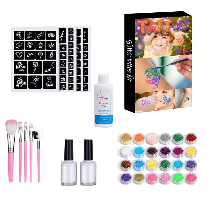 Glitter Tattoo Kits 24 Color 120 Templates Flash Diamond Flash for Temporary Tattoo Set Kids Face Body Painting