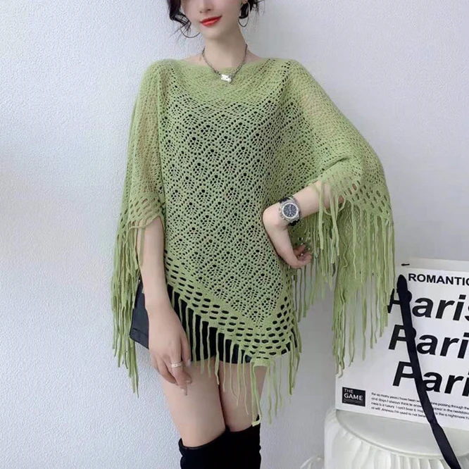 Spring Autumn New Pullover Cape Women Hollow flower Knitting Poncho Capes Batwing Sleeves Shawls Sunscreen Solid Cloak Green